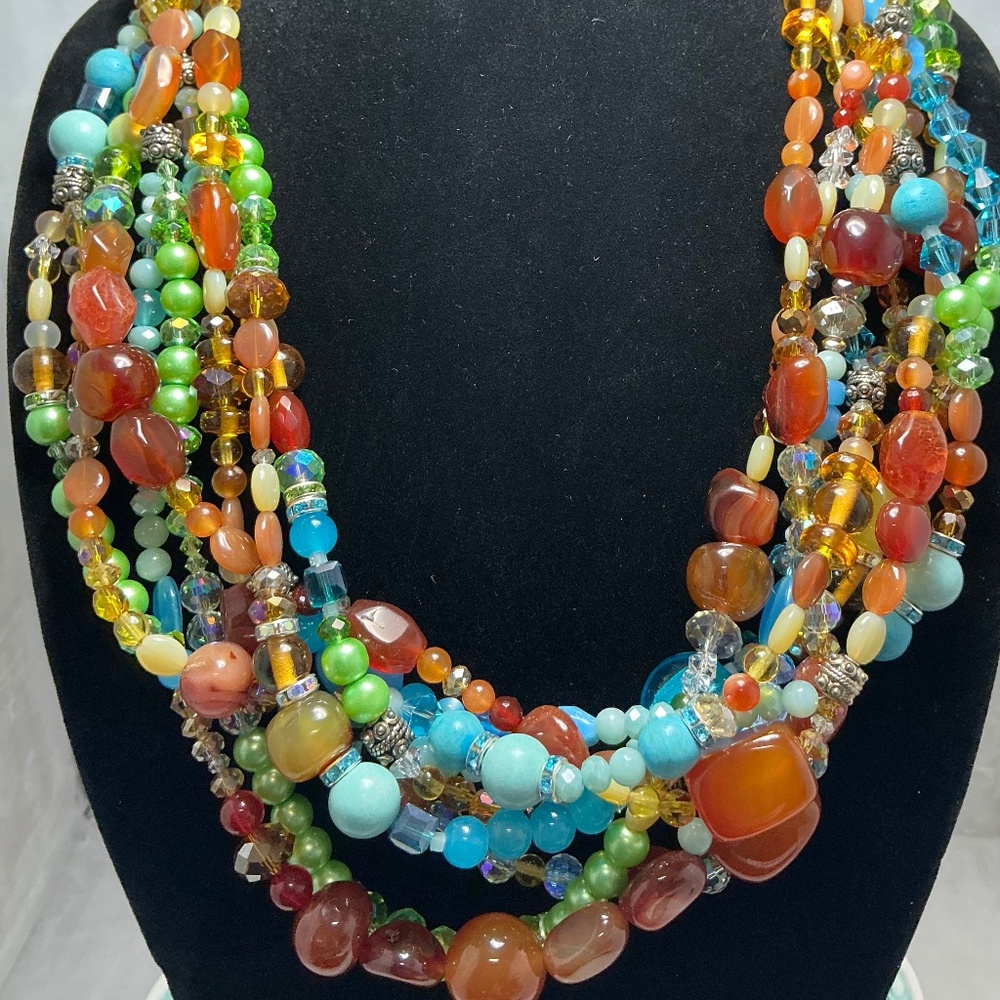 Statement Multi-Strand Gemstone Necklace – 24” Artisan made